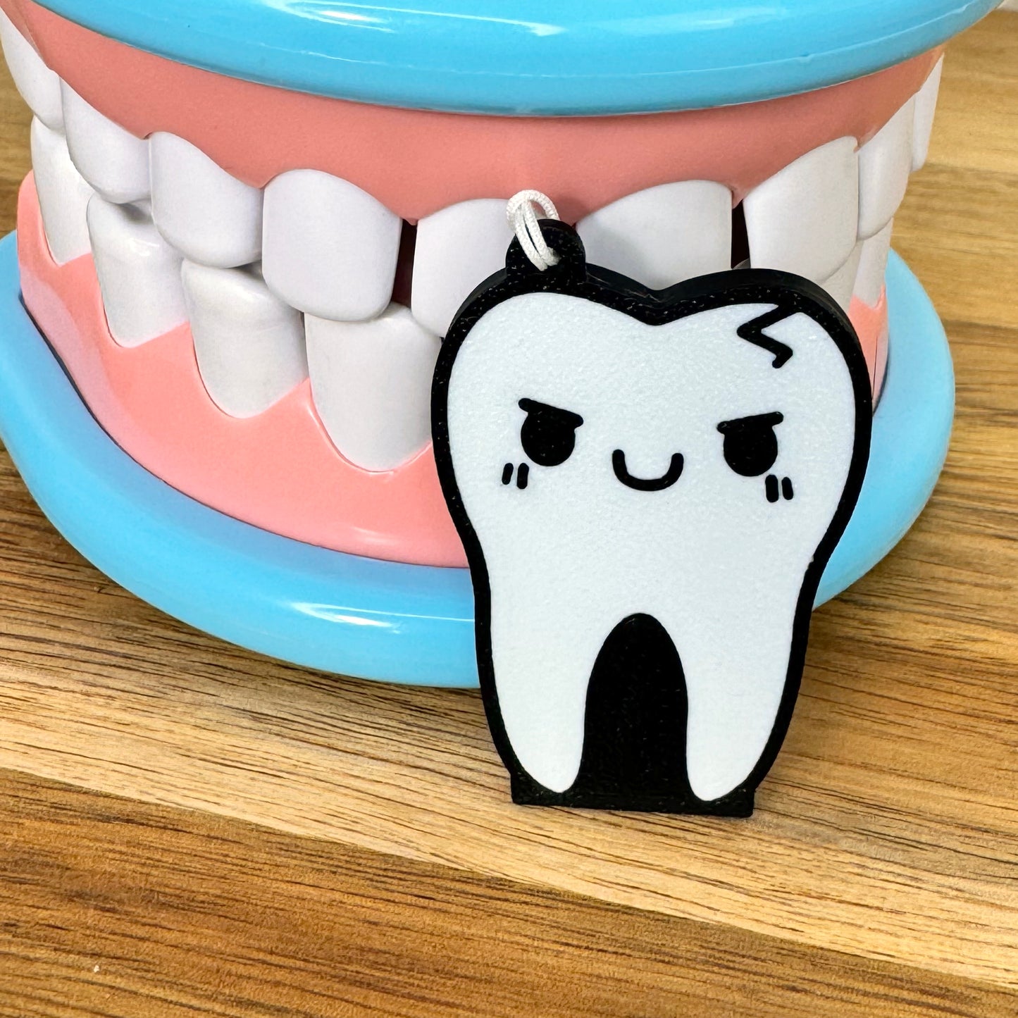 Cartoon tooth Tab Buddy in front of a model of teeth on a wooden surface