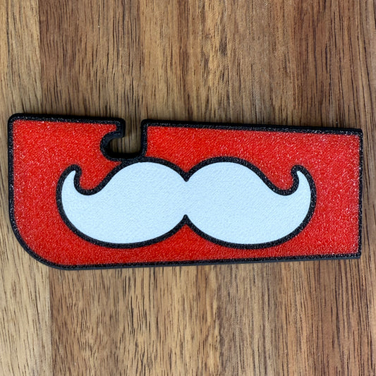 Tab Buddy XL with a design of a white mustache on a red background