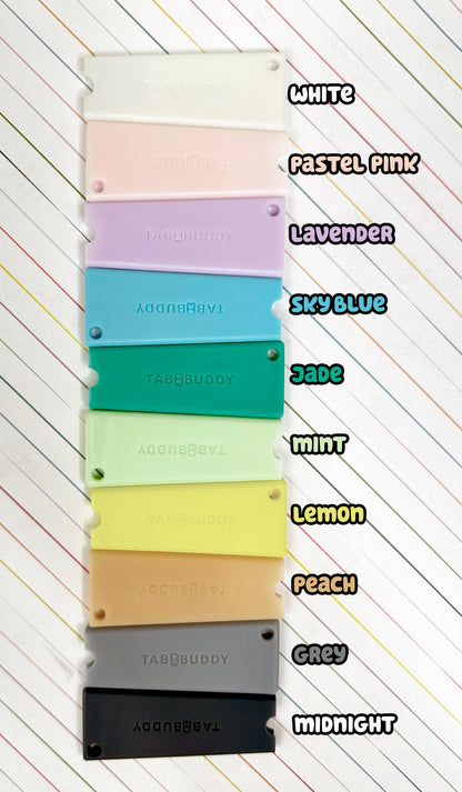 Tab Buddy Classic color swatch chart with various pastel colors and labels on a white background.