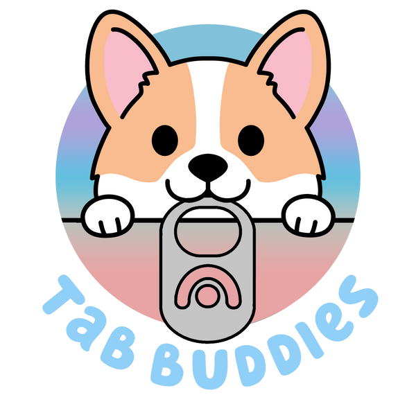 Cartoon corgi dog holding a tab with 'Tab Buddies' text on a colorful background