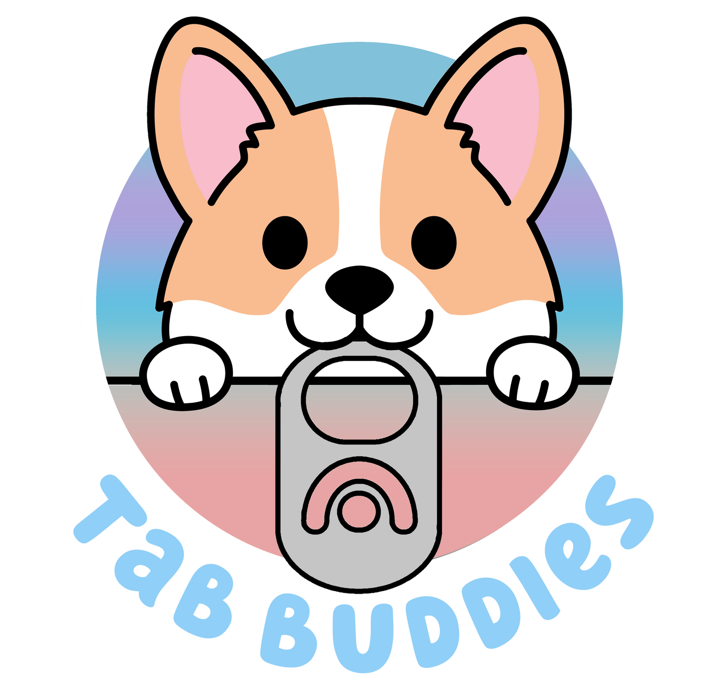 Cartoon dog holding a tablet with 'Tab Buddies' text on a colorful background
