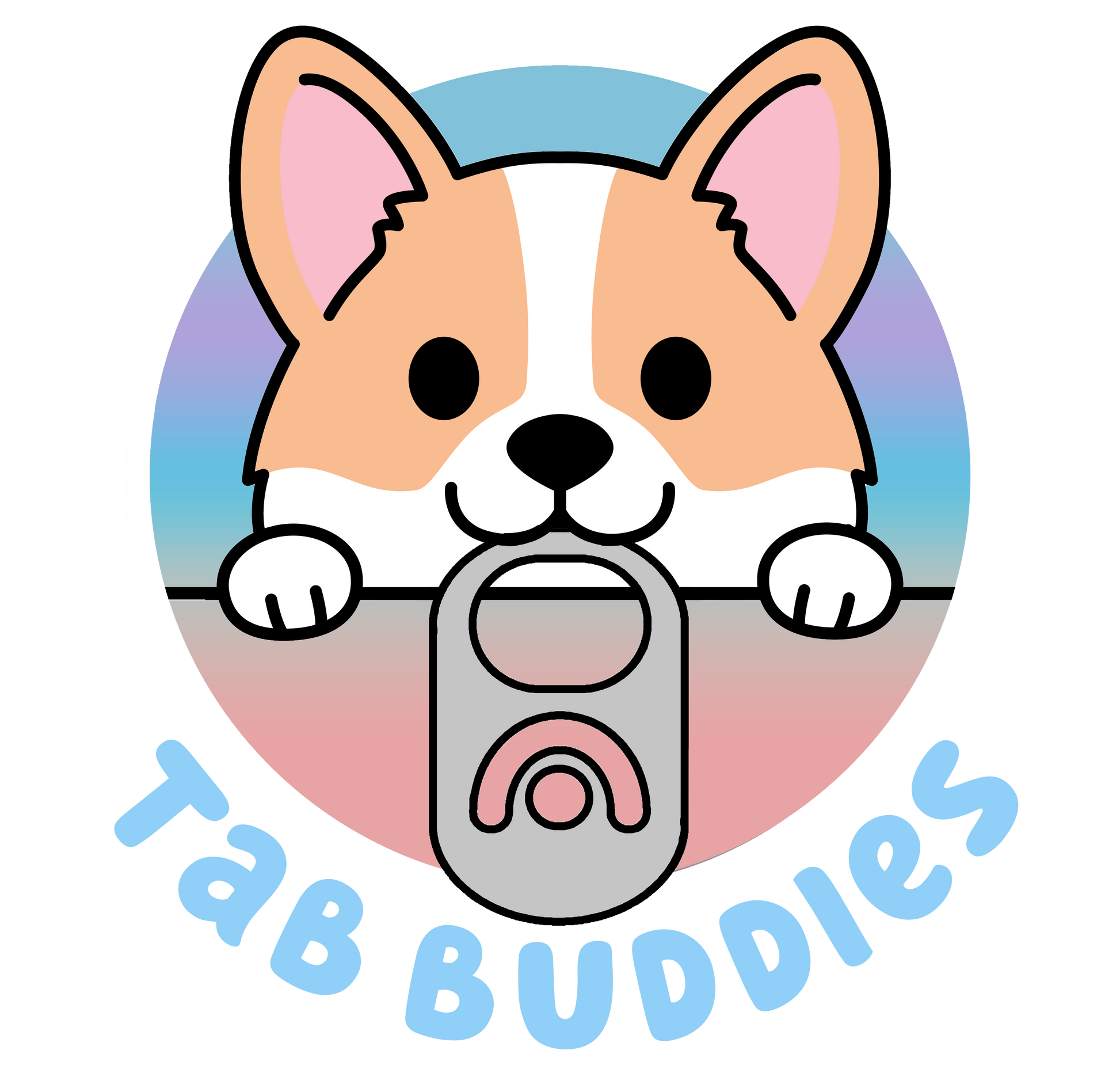 Cartoon dog holding a tablet with 'Tab Buddies' text on a colorful background