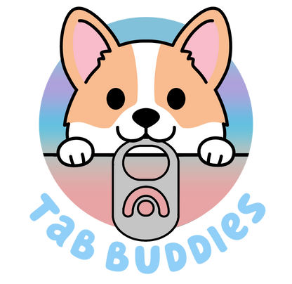 Cartoon dog holding a tablet with 'Tab Buddies' text on a colorful background