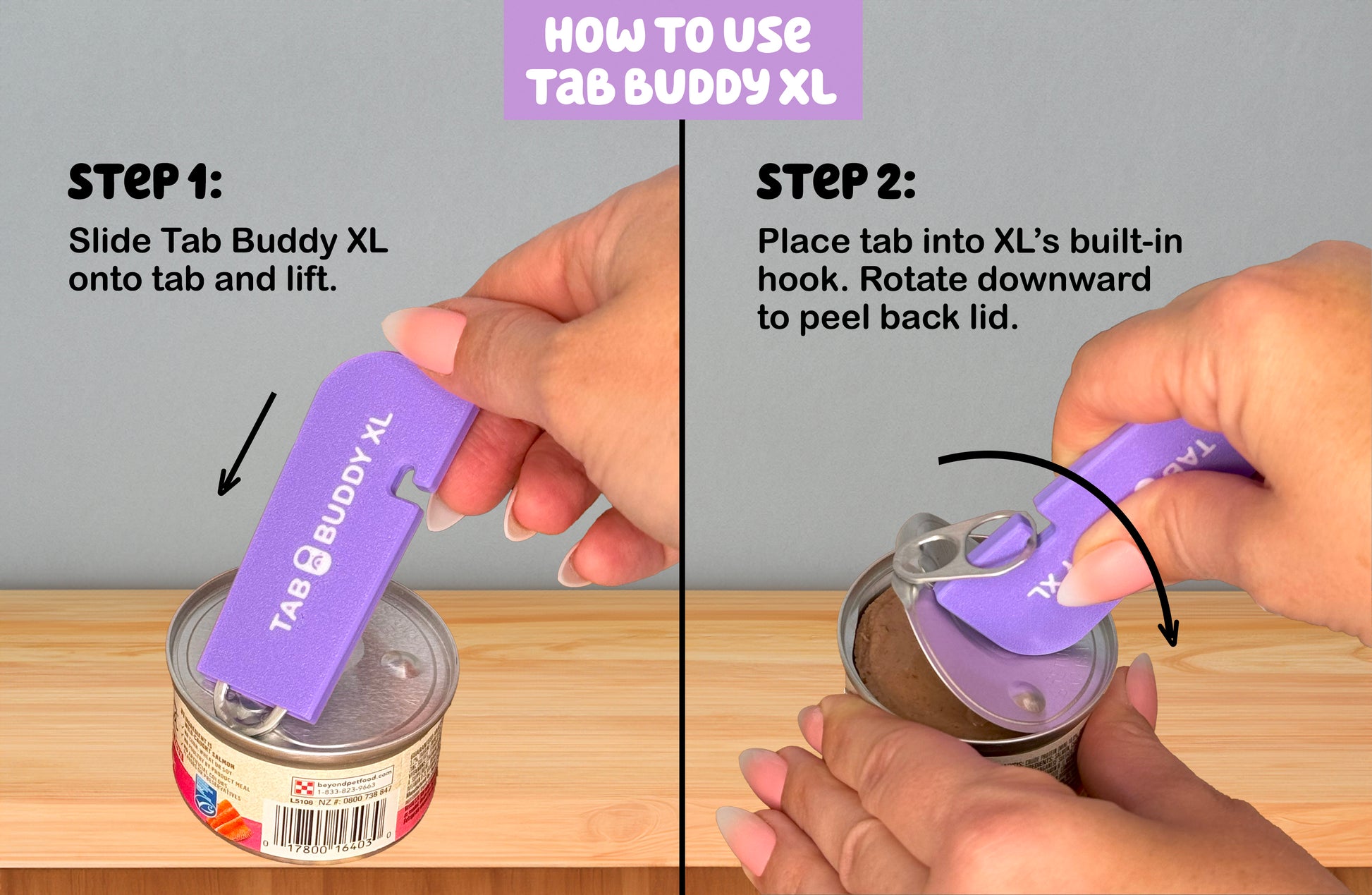 Instructions on how to use Tab Buddy XL can opener with text and images of hands using the tool.