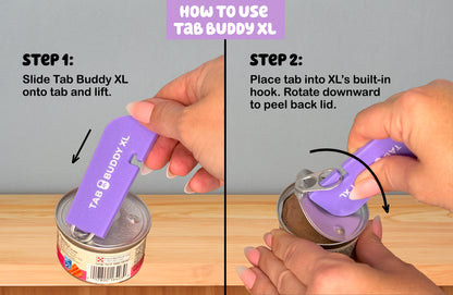 Instructions on how to use Tab Buddy XL can opener with text and images of hands using the tool.