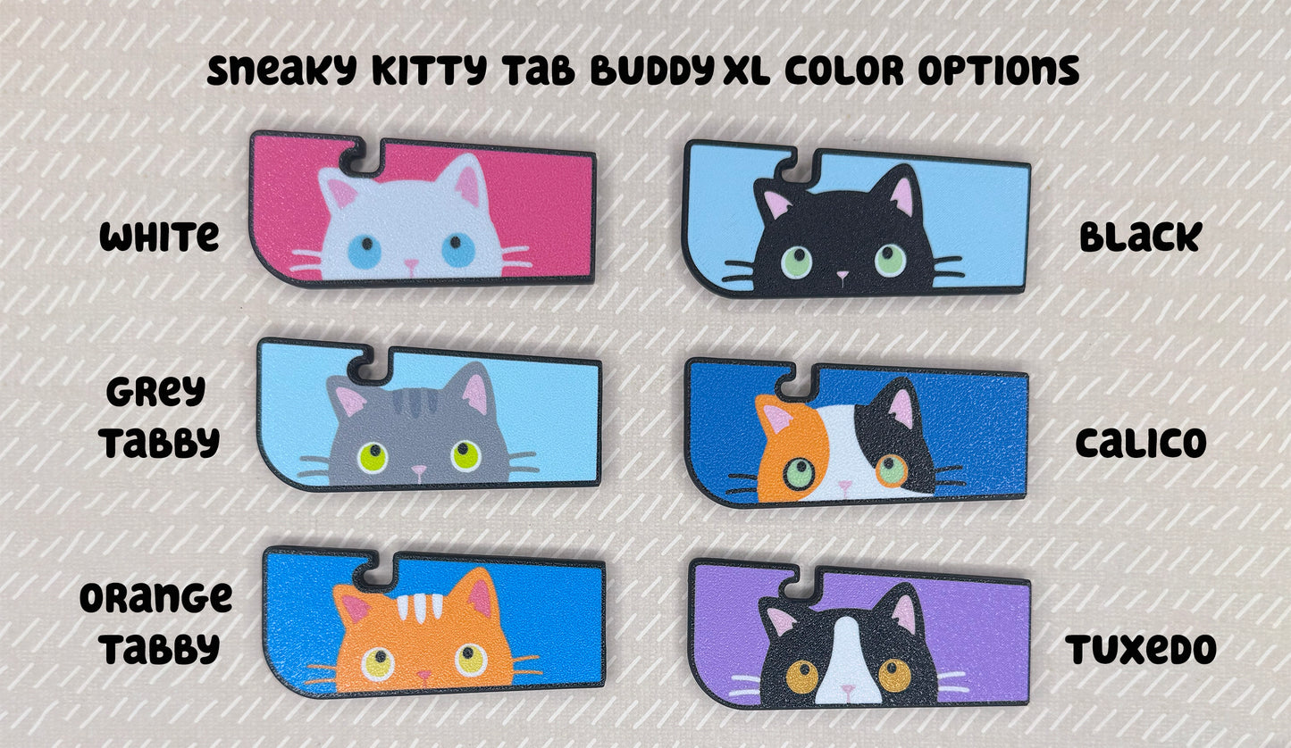 Color options for Sneaky Kitty Tab Buddy XL with cat illustrations on a gray background: White, Black, Grey Tabby, Calico, Orange Tabby, Tuxedo