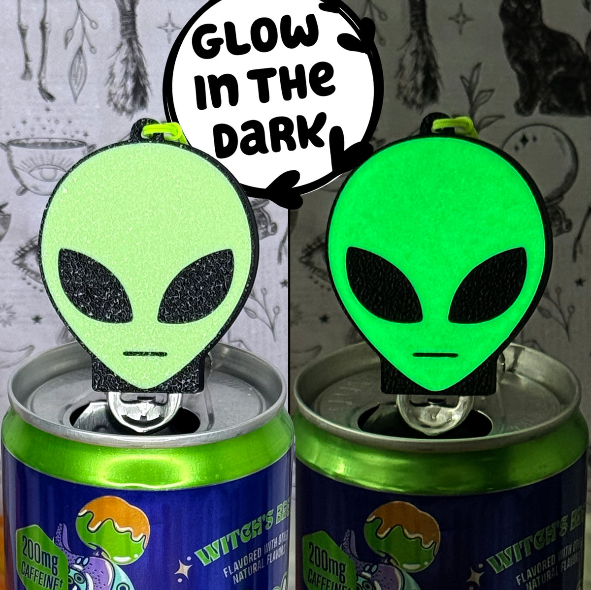 A split comparison of an alien head Soda Tab Buddy shown in regular daylight and glow-in-the-dark conditions. The center shows a split screen: the left half is in regular daylight and the alien head is a light shade of green, and the right half is dark with the same alien head Tab Buddy glowing bright green. A text bubble reads "Glow in the Dark."