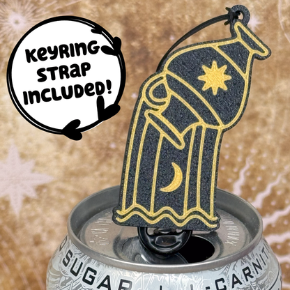 Tab Buddy Zodiac Aquarius keychain with a water bearer design on top of a can, featuring a 'Keyring Strap Included!' text.