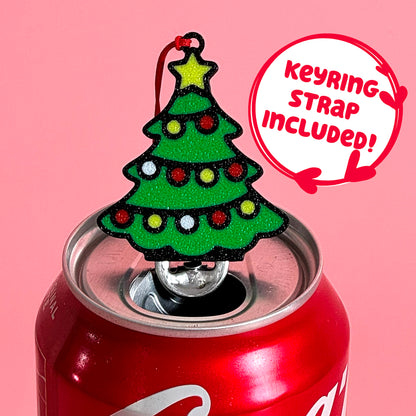 Christmas tree Tab Buddy on a can with a pink background and text 'Keyring strap included!'.