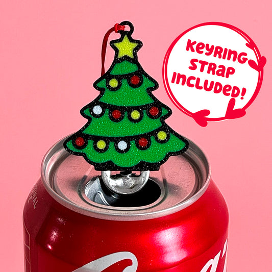 Christmas tree Tab Buddy on a can with a pink background and text 'Keyring strap included!'.