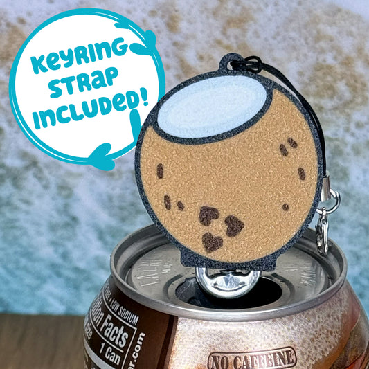 Tab Buddy shaped like a coconut on top of a can, with text 'Keyring strap included!'.
