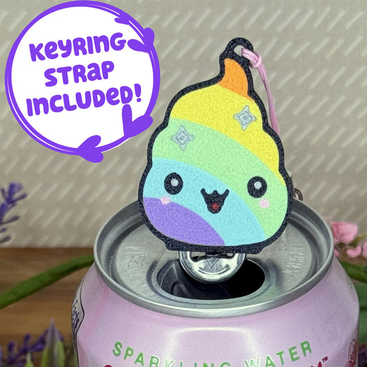 Colorful Tab Buddy keychain shaped like a rainbow-colored poop emoji with silver stars and happy face sits atop a can of sparkling water. Text reads 'Keyring Strap Included!'