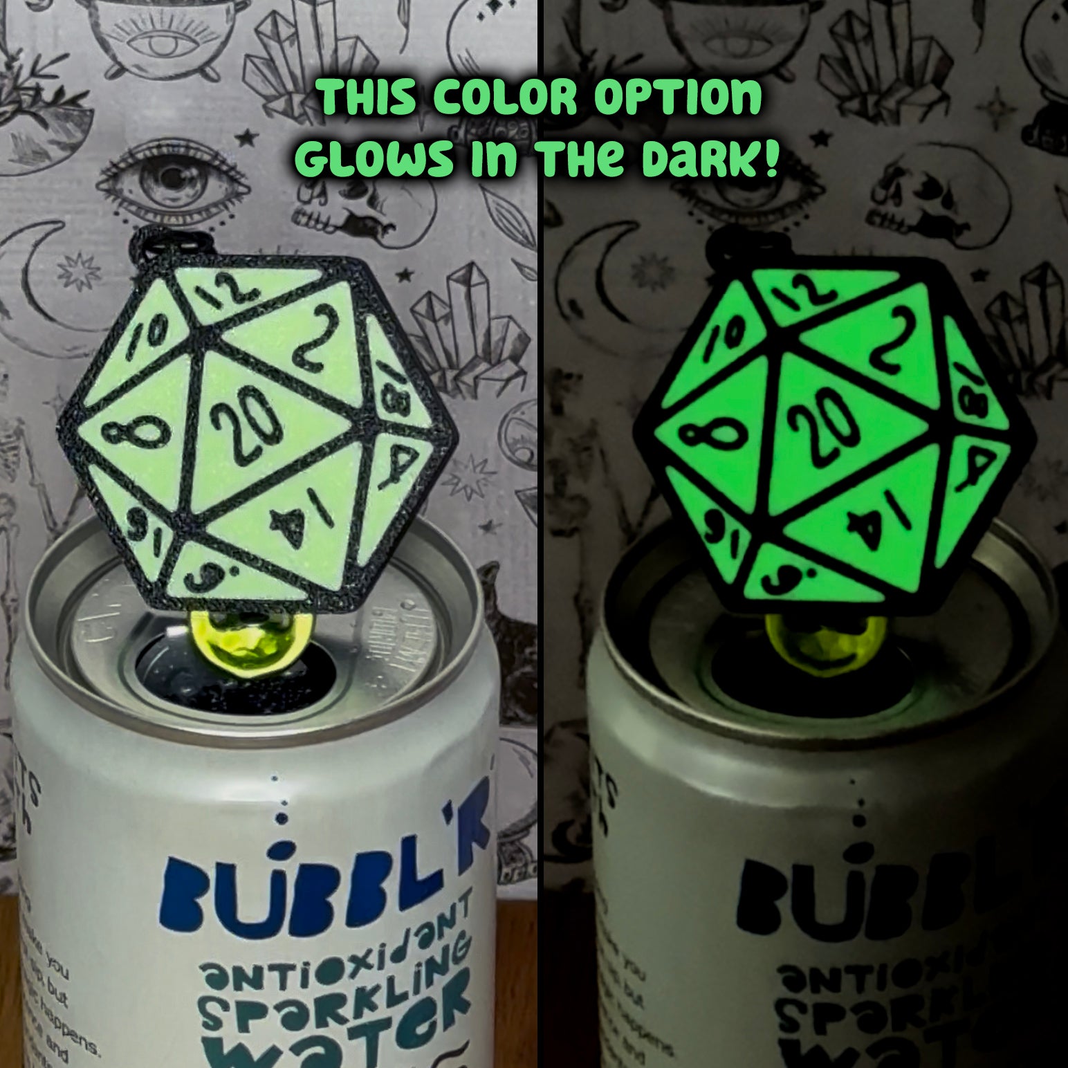 Glowing D20 die Tab Buddy on a can  with text indicating glow-in-the-dark feature.
