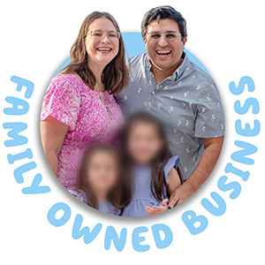 Tab Buddies family portrait with text 'Family Owned Business' on a white background