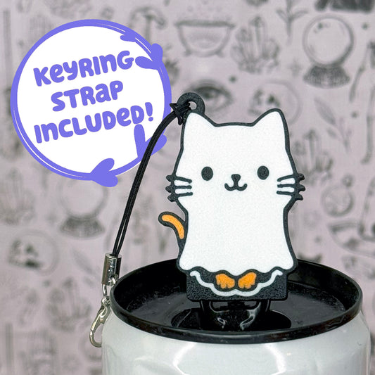 White cat-shaped Tab Buddy keychain with a black strap on a white can against a gray background with cat illustrations.