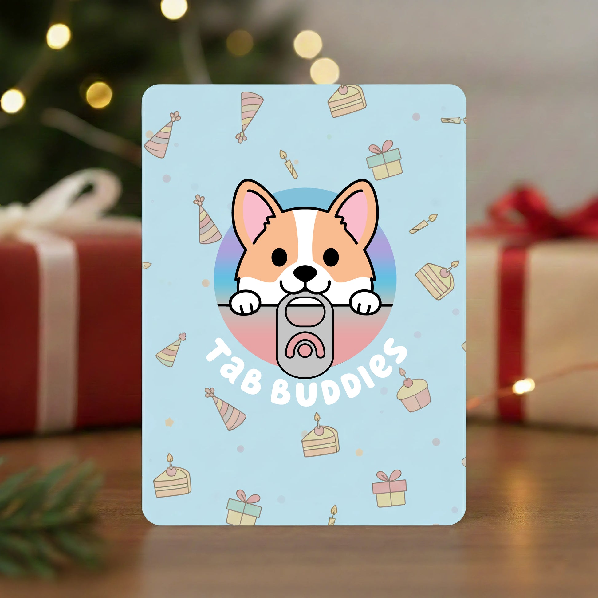 Card with a corgi illustration and 'Tab Buddies' text, surrounded by festive decorations.