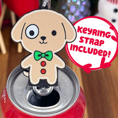 Dog-shaped gingerbread Tab Buddy attached to a can with promotional text.