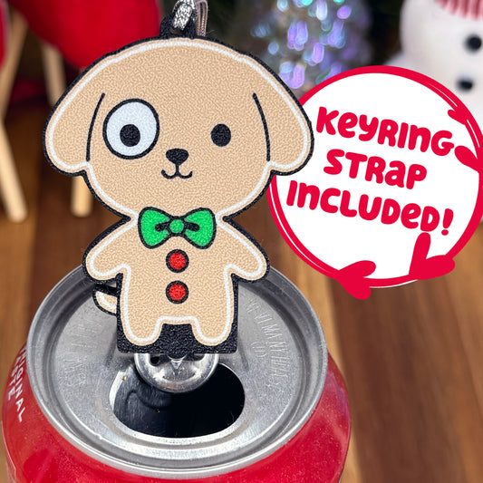 Dog-shaped gingerbread Tab Buddy attached to a can with promotional text.