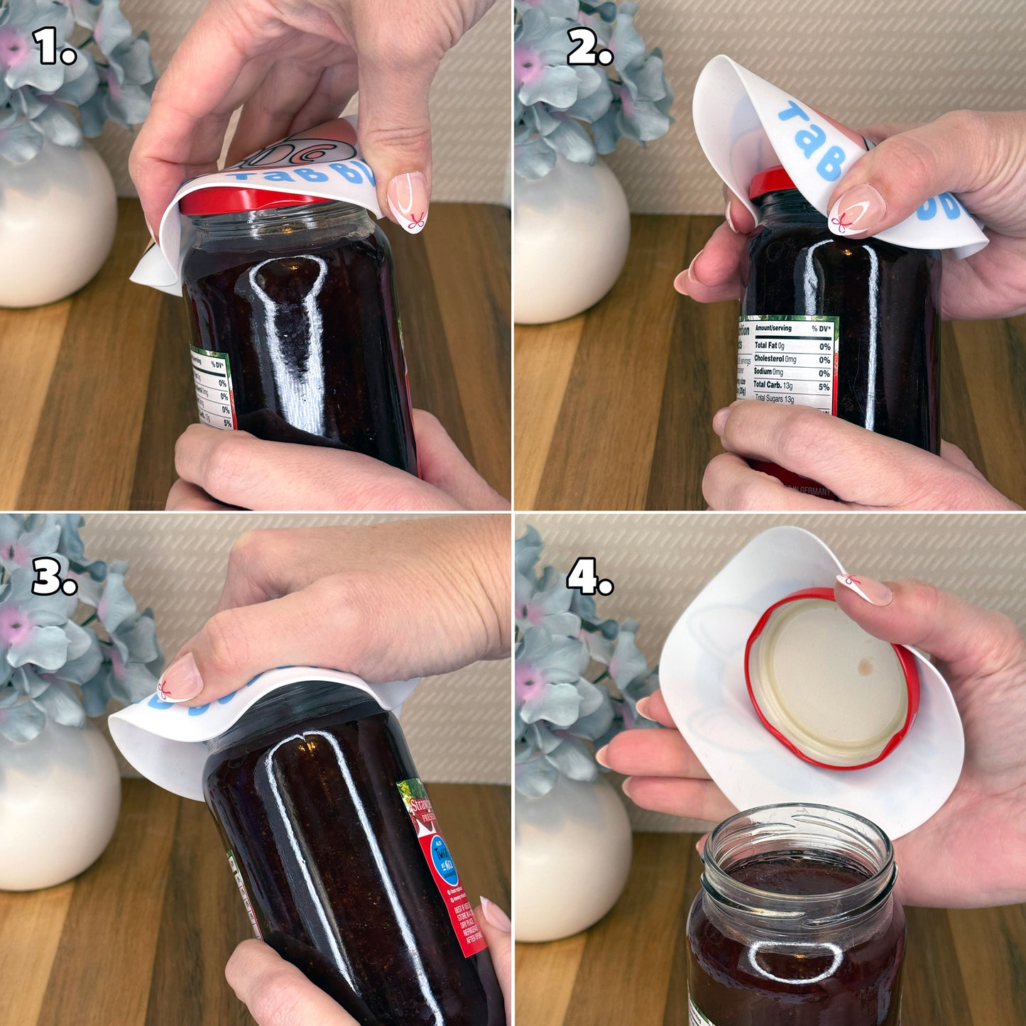 Step-by-step process of using a Tab Buddies grippy pad to open a jar on a wooden surface with decorative elements. Just hold the pad over the lid,  grip and twist as usual to open. The non-slip surface of the pad reduces the amount of force needed to open the jar.