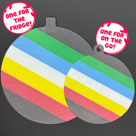 Two circular Disability Pride-themed Grippy pads are shown against a grey background. Text bubbles read, "One for the fridge," and "One for on the go!"