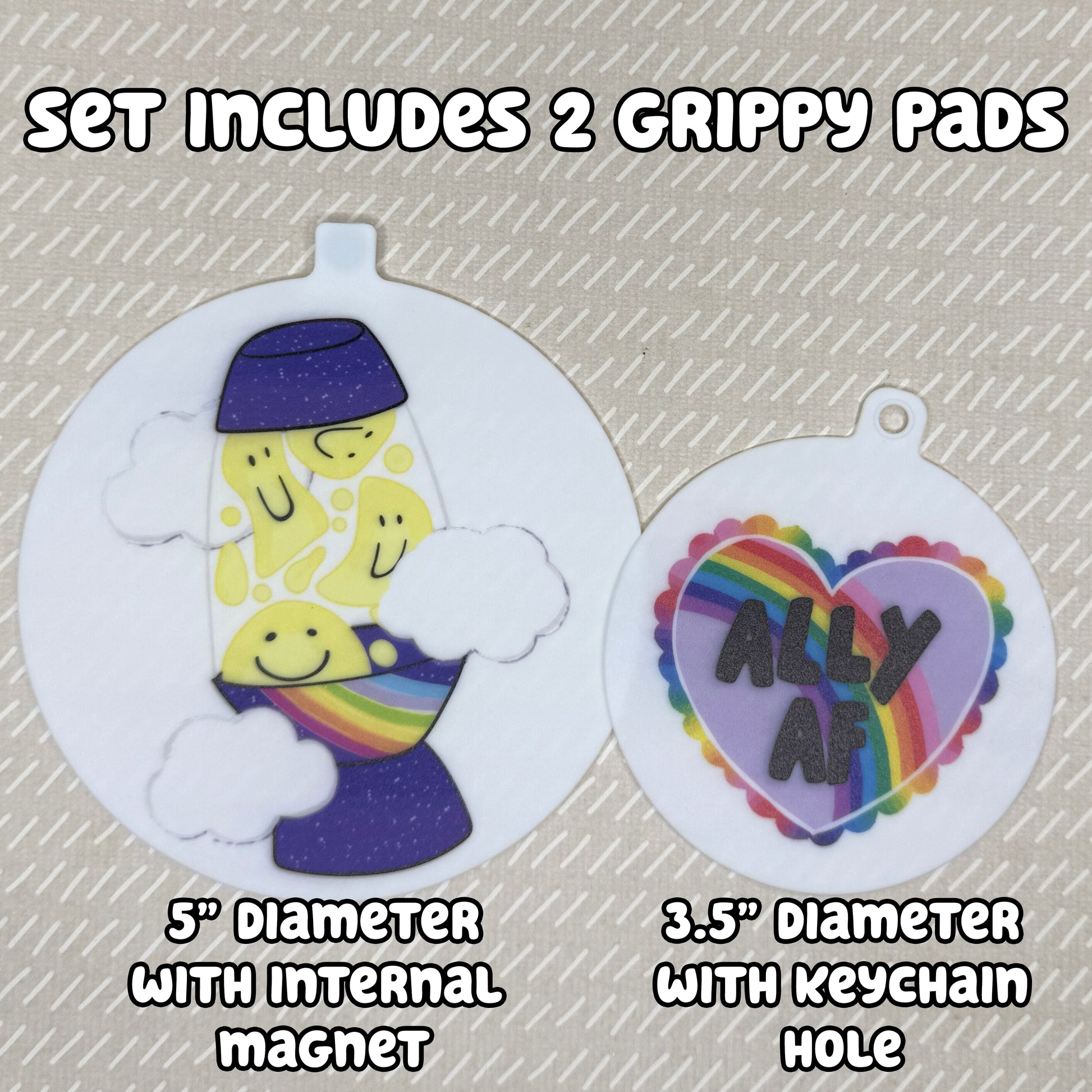 Two circular Groovy Pride-themed Grippy Pads are shown atop a beige background. Text reads, "Set includes 2 Grippy Pads. 5" Diameter with internal magnet. 3.5" diameter with keychain hole."