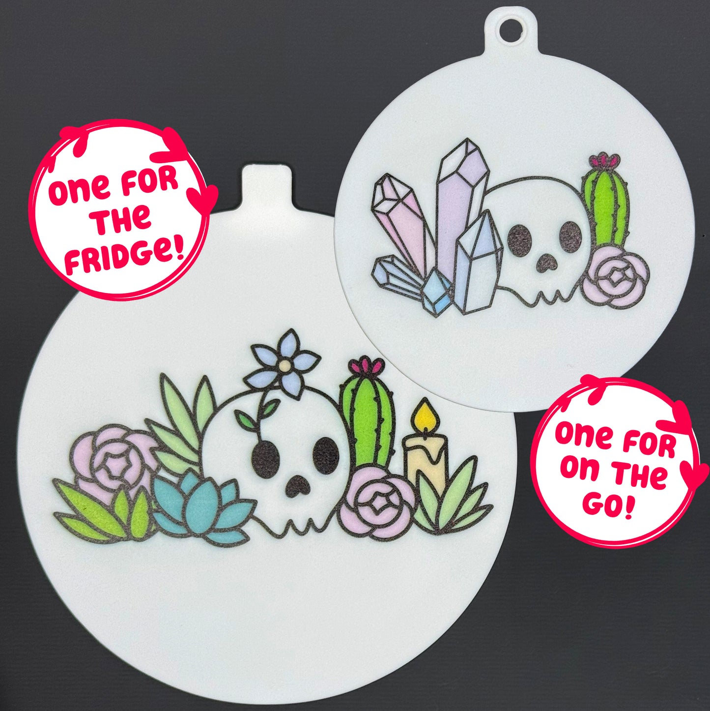 Two circular Mystic Garden-themed Grippy pads are shown against a grey background. Text bubbles read, "One for the fridge," and "One for on the go!"