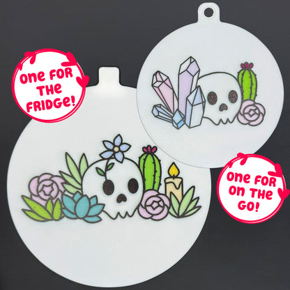 Two circular Mystic Garden-themed Grippy pads are shown against a grey background. Text bubbles read, "One for the fridge," and "One for on the go!"