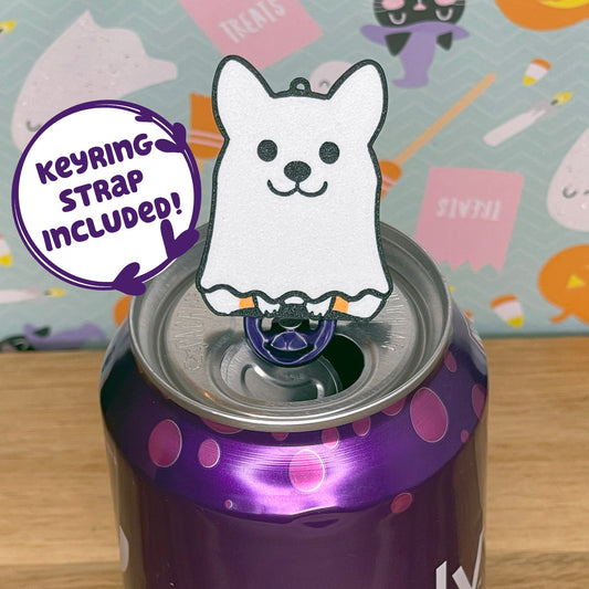 Purple can with a white ghost dog Tab Buddy on top, against a colorful background.