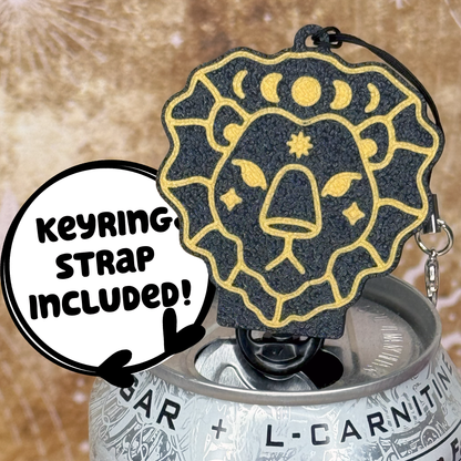 Tab Buddy keychain with Zodiac leo lion design on a can