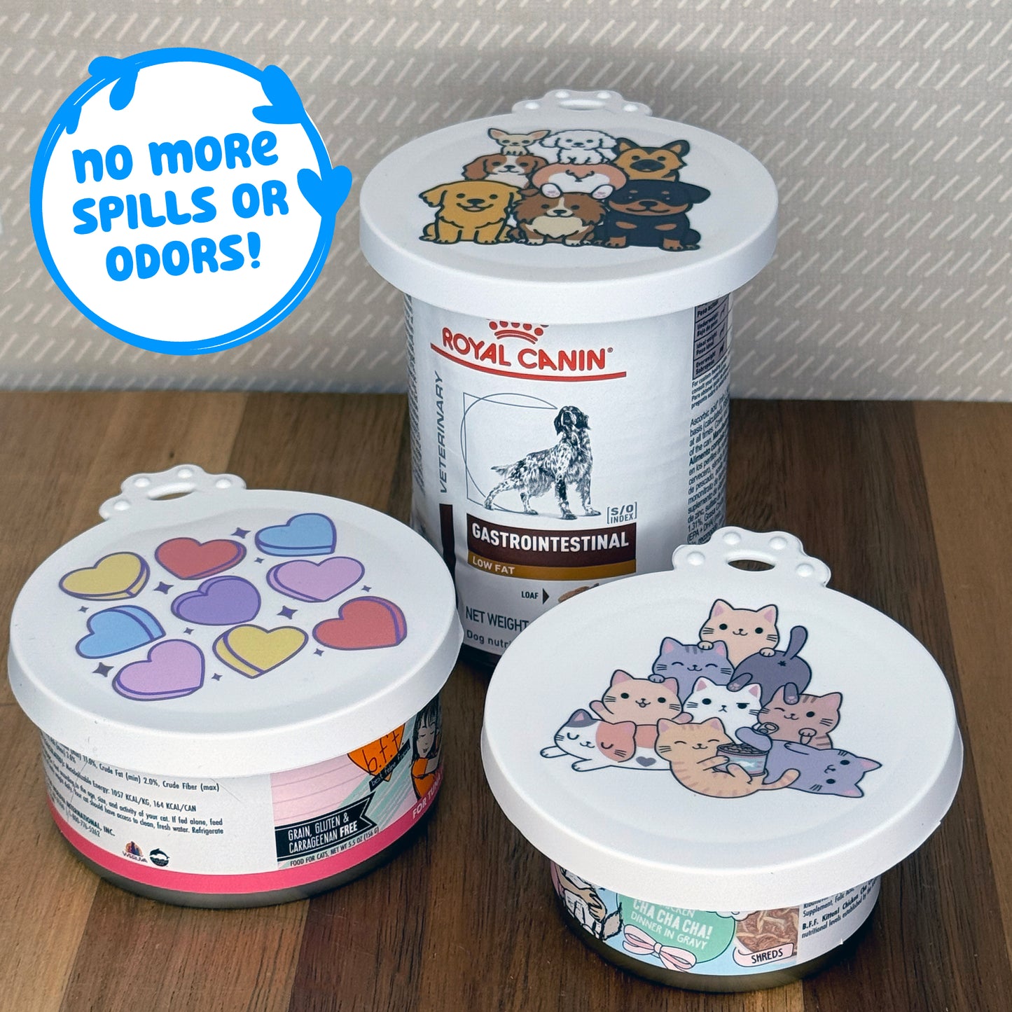 Three assorted-size pet food cans are shown sealed wtih cute decorative can lids. Descriptive text reads, "no more spills or odors!"
