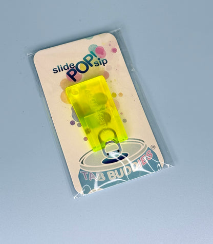 Electric yellow Tab Buddy Mini in packaging with 'Tab Buddies' branding on a gray background