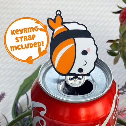 Coca-Cola can with a sushi themed Tab Buddy, surrounded by flowers and berries, with text that reads 'keyring strap included!'