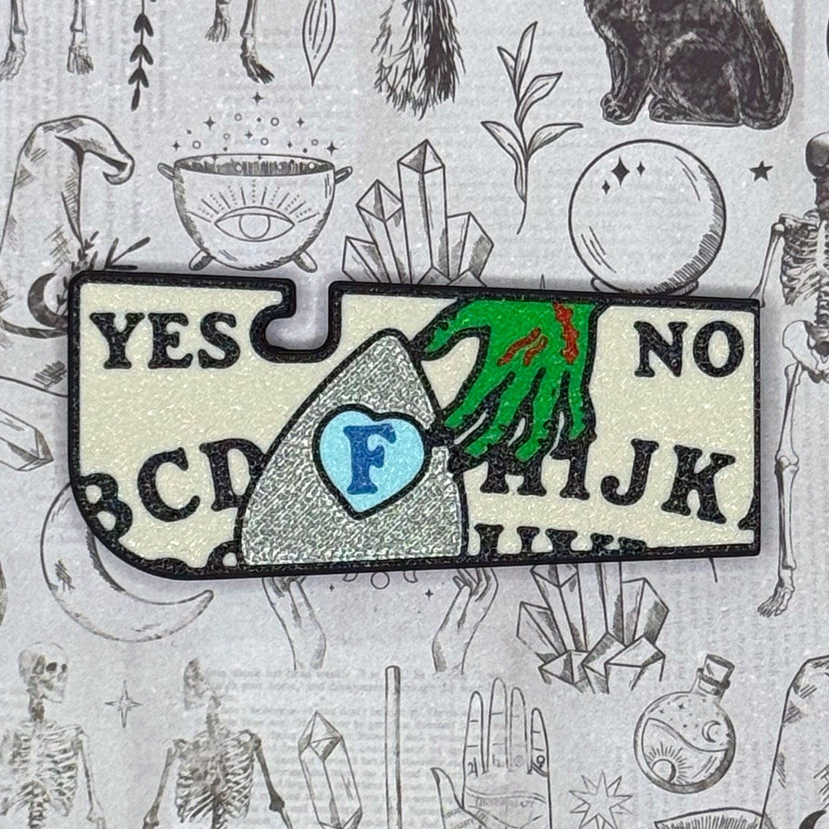 Magical decision-making Ouija Tab Buddy XL with 'Yes', 'No', and alphabet choices on a mystical background.