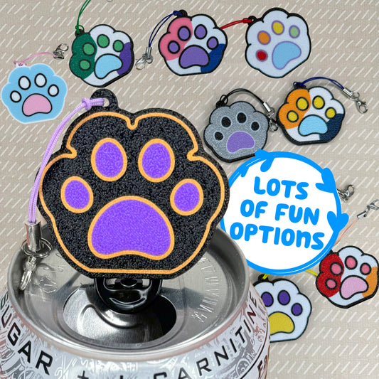 Colorful paw-shaped Tab Buddies on a can with 'LOTS OF FUN OPTIONS' text.