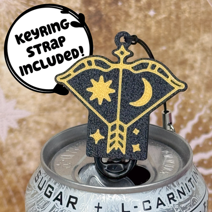 Tab Buddy with Sagittarius Zodiac design with star and moon sits atop a can, with text 'Keyring strap included!'