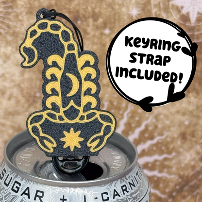 Scorpio zodiac Tab Buddy sits atop a can with 'Keyring Strap Included!' text.
