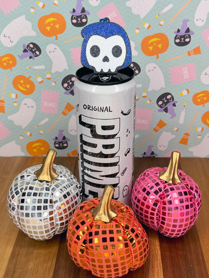 Energy drink can with blue and white skull Tab Buddy and Halloween-themed background