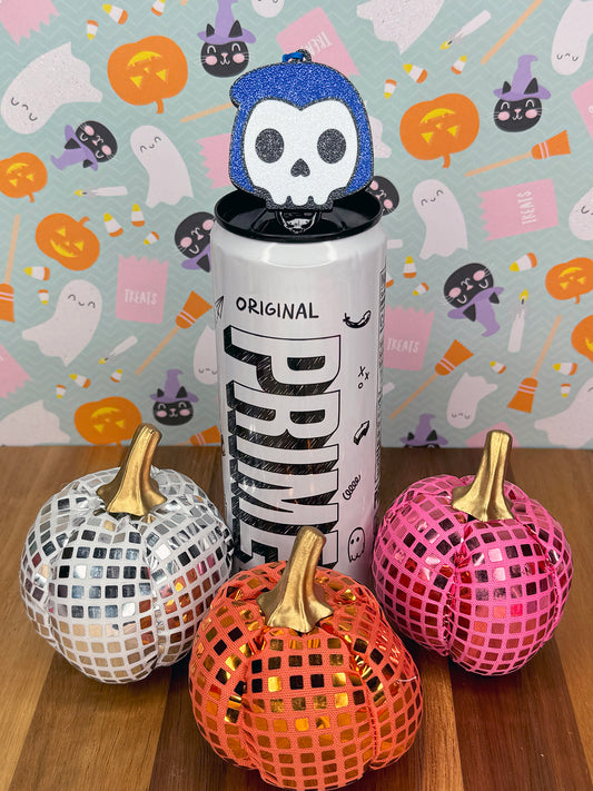 Energy drink can with blue and white skull Tab Buddy and Halloween-themed background