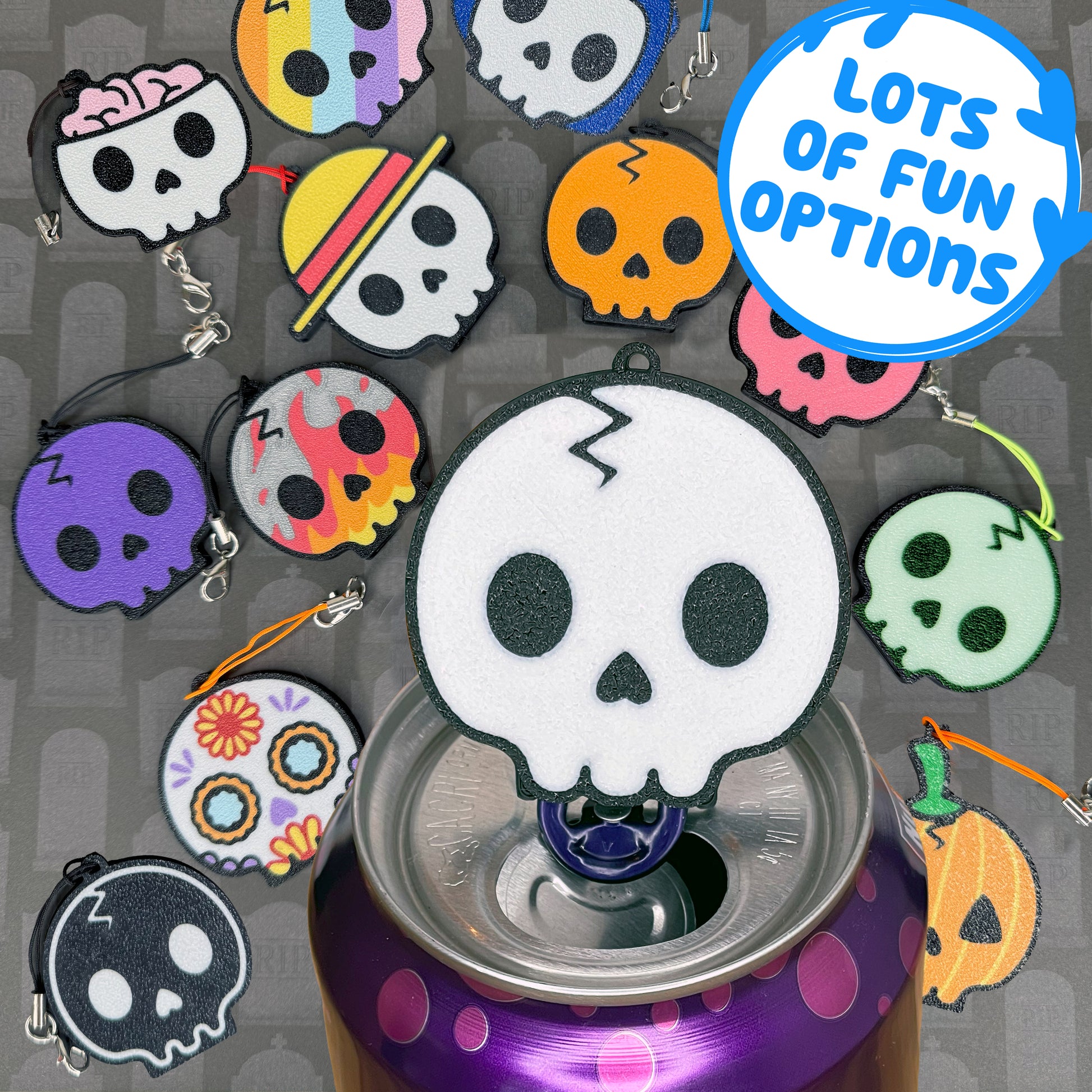 White skull-shaped Tab Buddy sits atop a purple soda can with various skull design Tab Buddies in background. Text reads "lots of fun options."