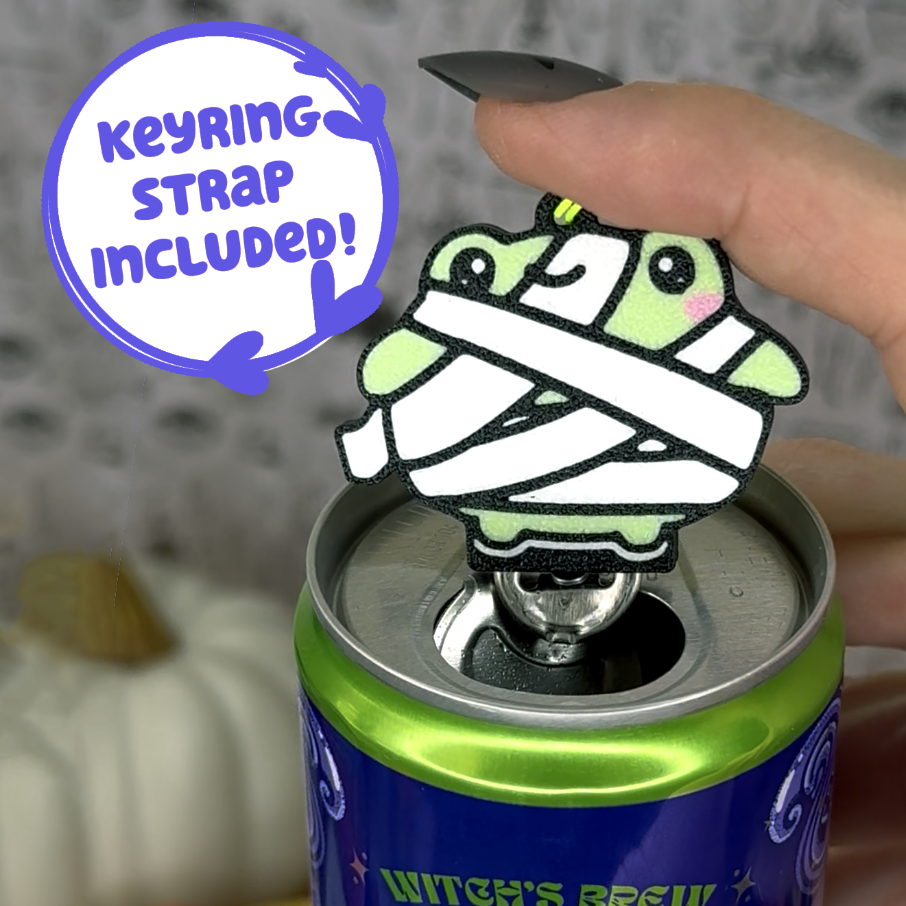 Keyring strap included with a cartoon mummy frog Tab Buddy