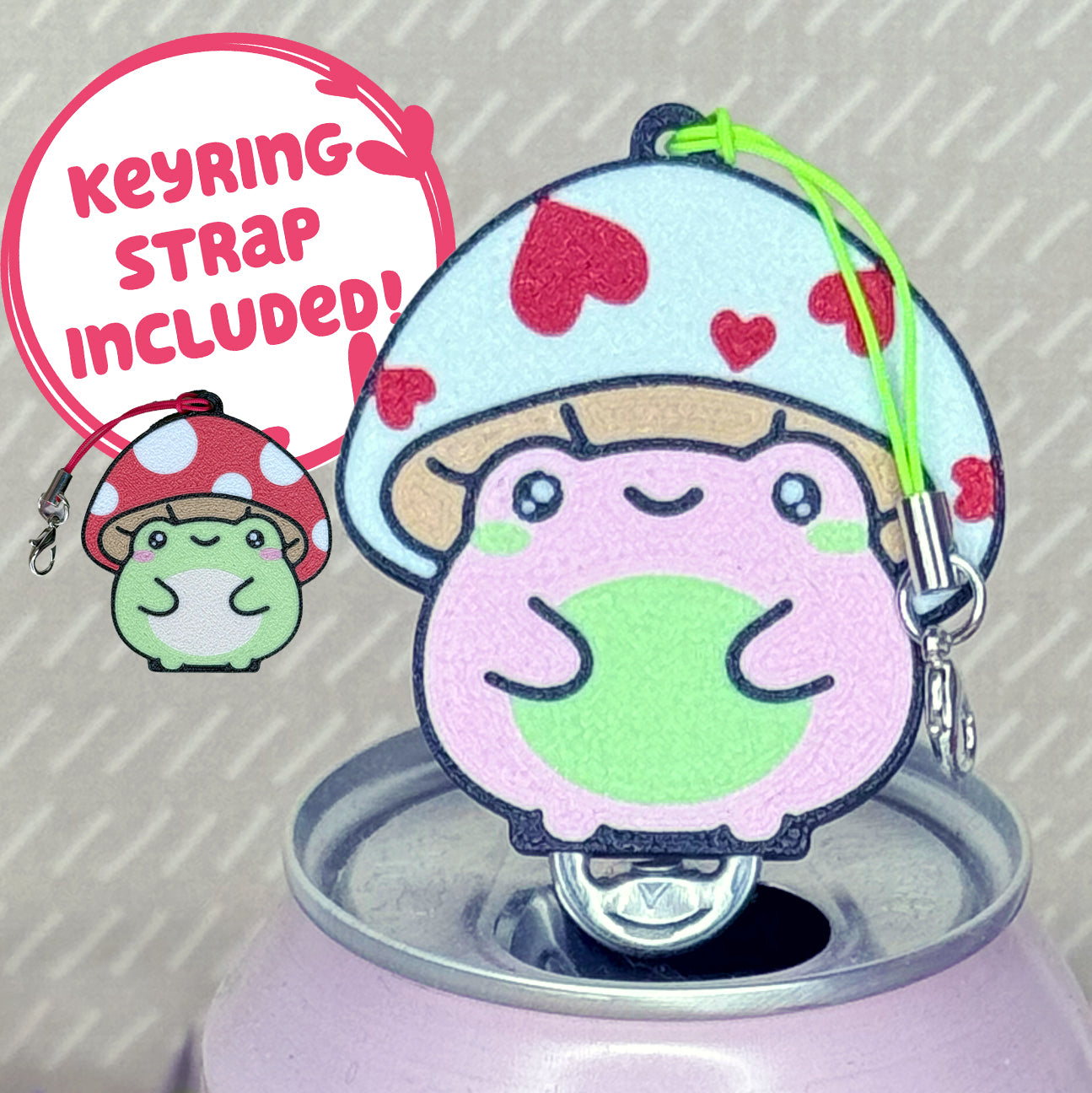 Mushroom-shaped toad Tab Buddy with pink face and red hearts on a gray background with text that reads 'keyring strap included'