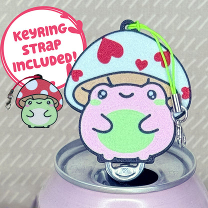 Mushroom-shaped toad Tab Buddy with pink face and red hearts on a gray background with text that reads 'keyring strap included'