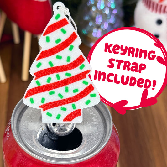 Christmas Tree Cake Tab Buddy on a can with 'Keyring Strap Included!' text
