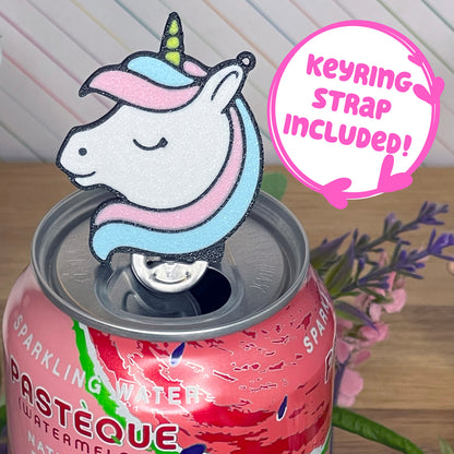 Unicorn-shaped Tab Buddy on a can with, featuring a pink background with text that reads 'keyring strap included!'