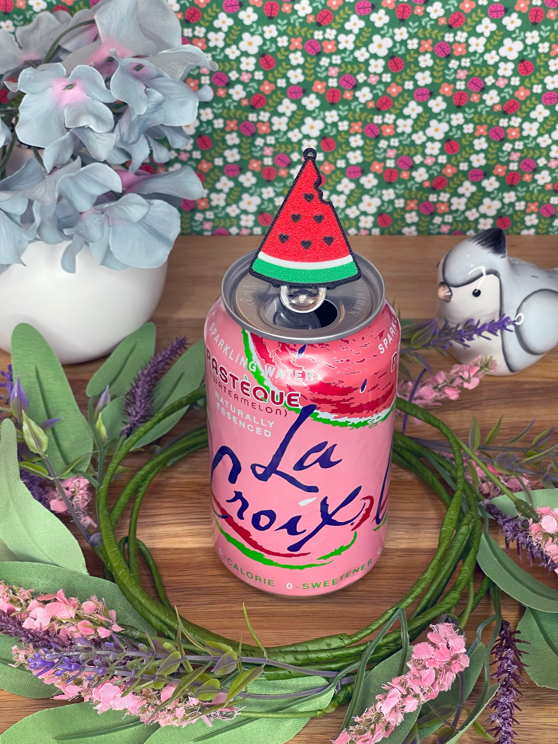 Pink can of sparkling water with a watermelon-themed Tab Buddy on a wooden surface with flowers