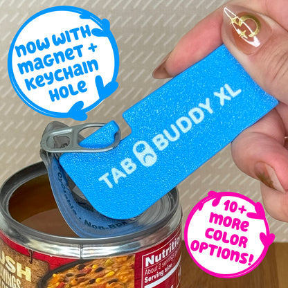 Sky Blue Tab Buddy XL can opener with magnet and keychain hole feature, held over a can. Featured text reads "10+ more color options"